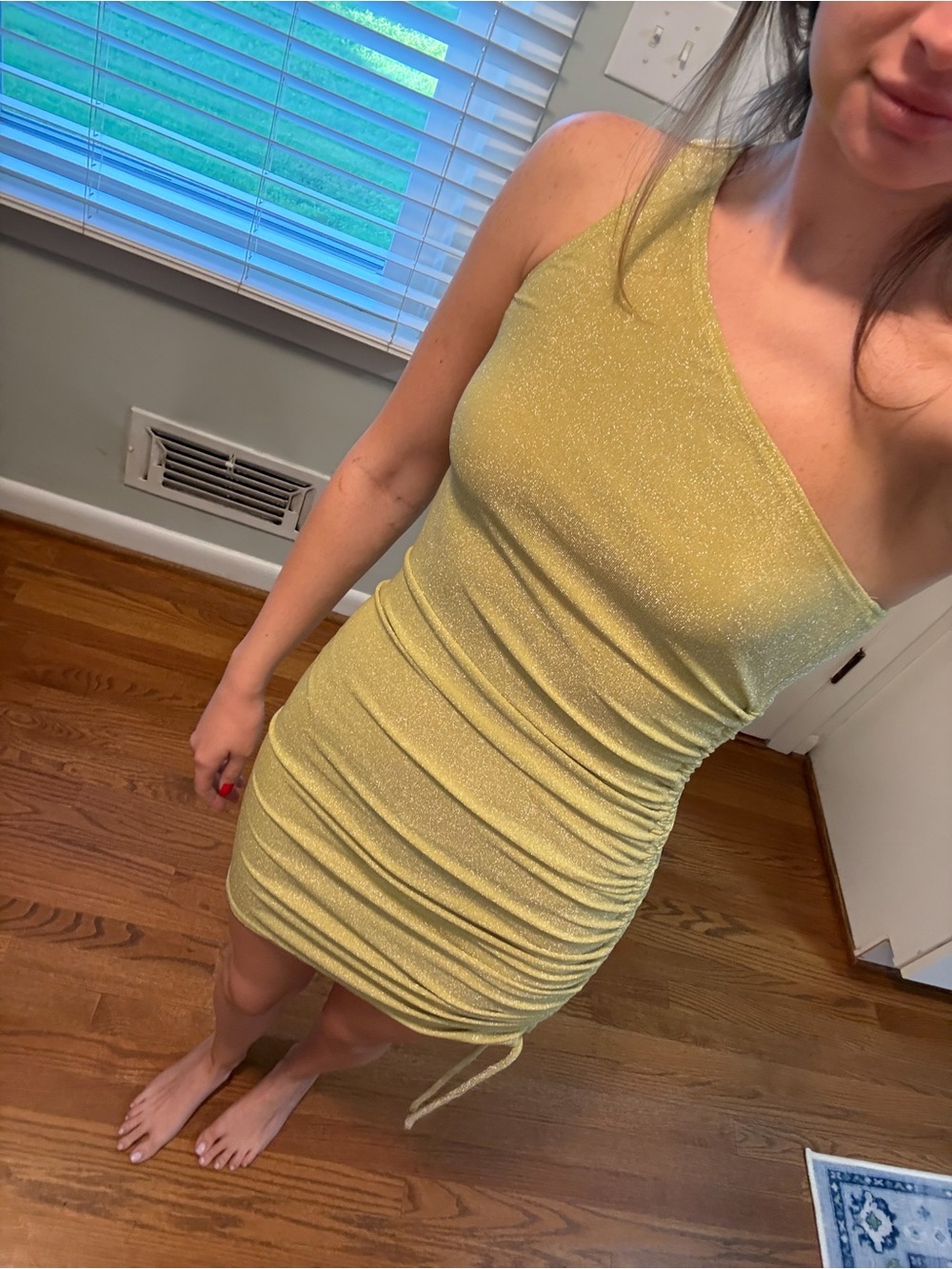 Reformation One-Shoulder Shimmer Dress in Pale Gold